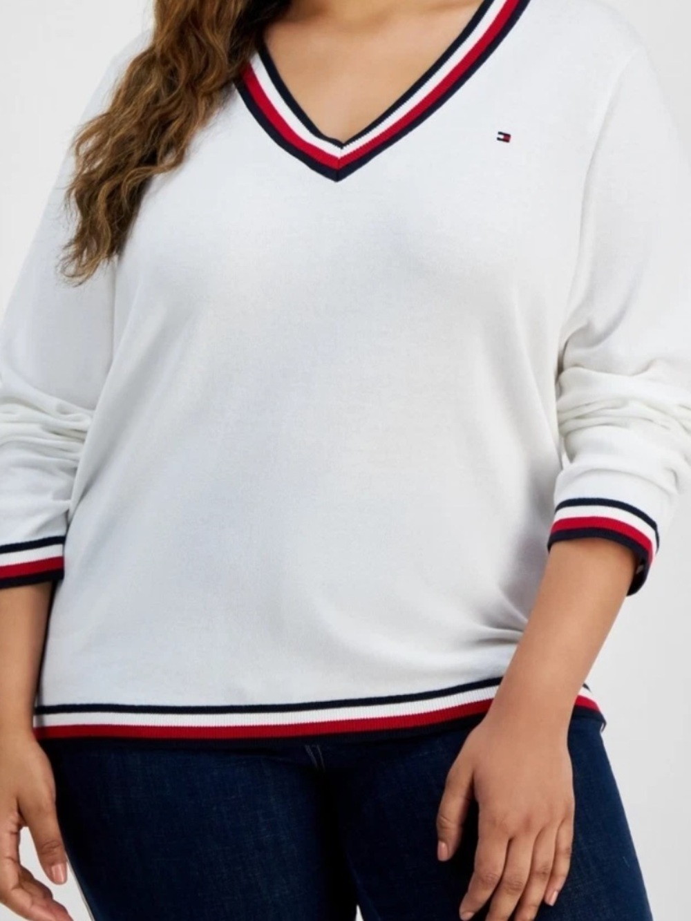 NWT Tommy Hilfiger pullover cotton V-neck sweater with classic trim sz M white